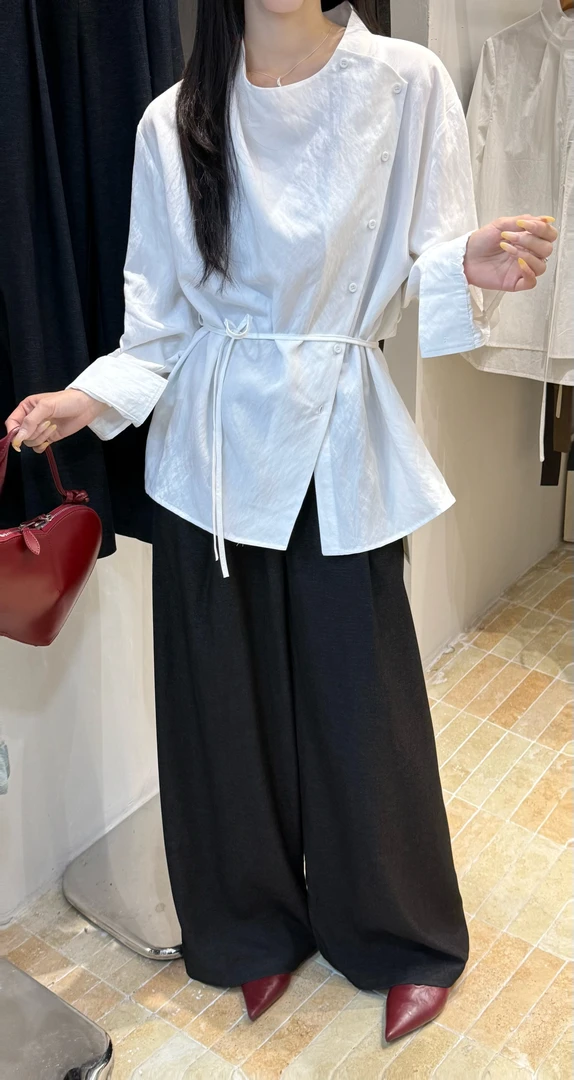 2025早秋时尚斜门襟设计宽松衬衫上衣长袖气质百搭纯色系带