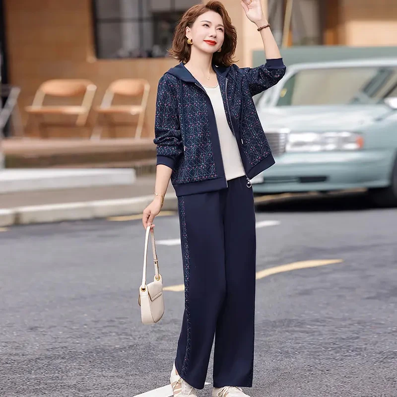 【运动套装】时尚妈妈秋装连帽休闲外套新款中老年贵夫人洋气两件套