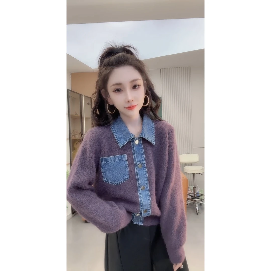 小众设计感牛仔拼接Polo领毛衣女秋冬装时尚百搭小衫显瘦长袖上衣