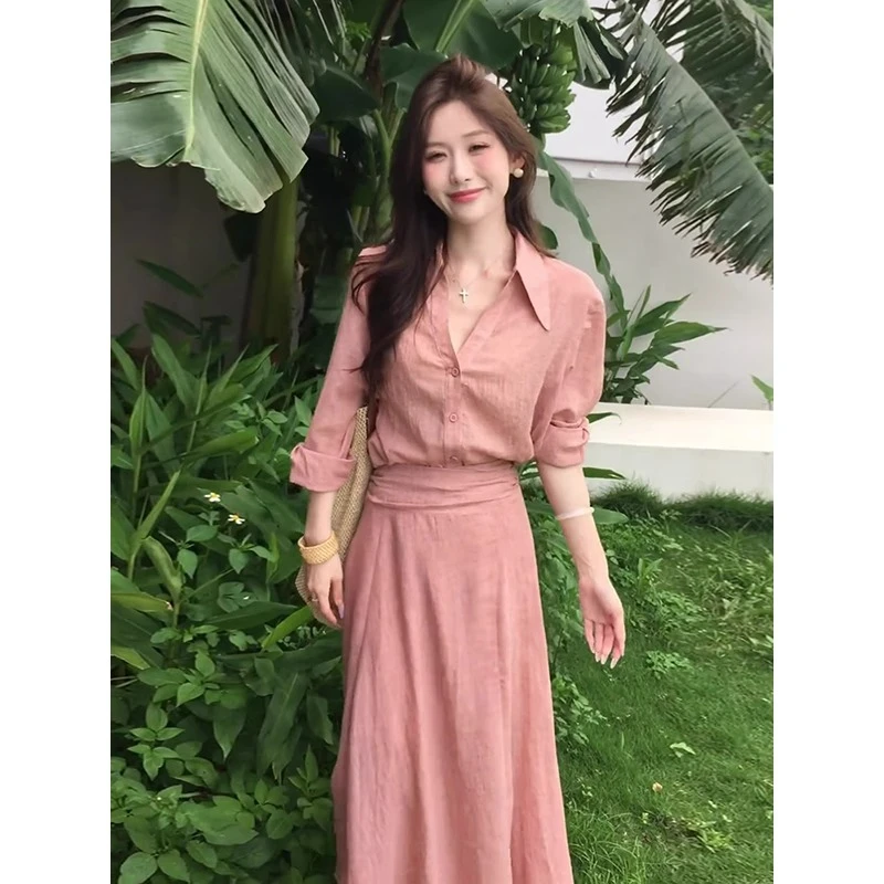 夏日绝美穿搭套装女小香风温柔气质时尚长袖防晒衬衫半身裙两件套