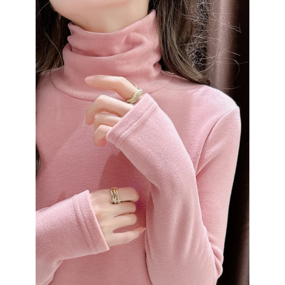 【万达撤柜】粉色高领双面拉绒春秋冬女底衬衫新款加厚暖绒领内上装