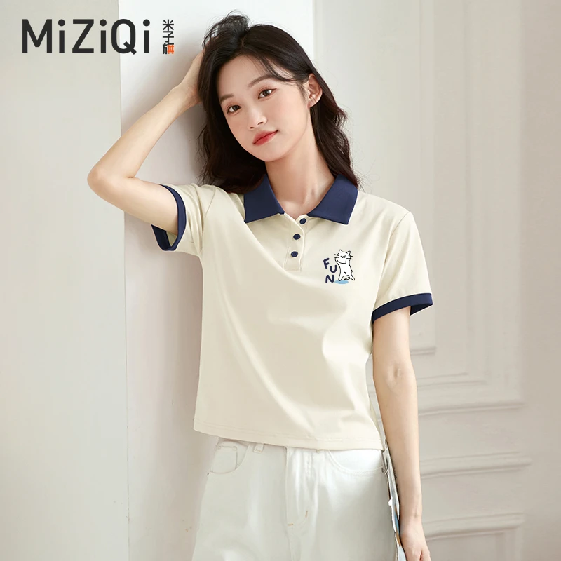 米子旗短款polo衫女翻领短袖t恤女夏季2025年新款超火小个子上衣