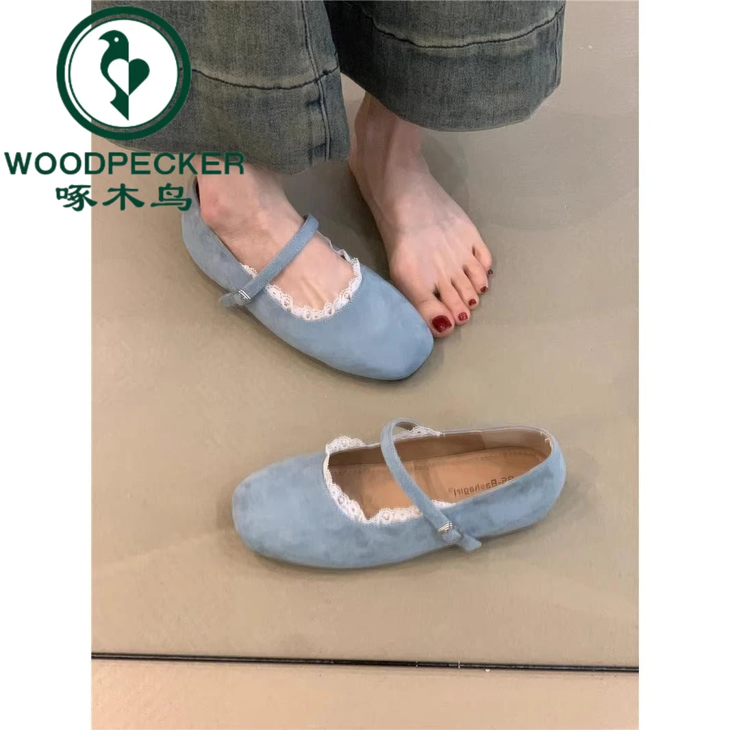 啄木鸟温柔玛丽珍鞋2025法式甜美配裙子绒面蕾丝浅口内增高晚晚鞋