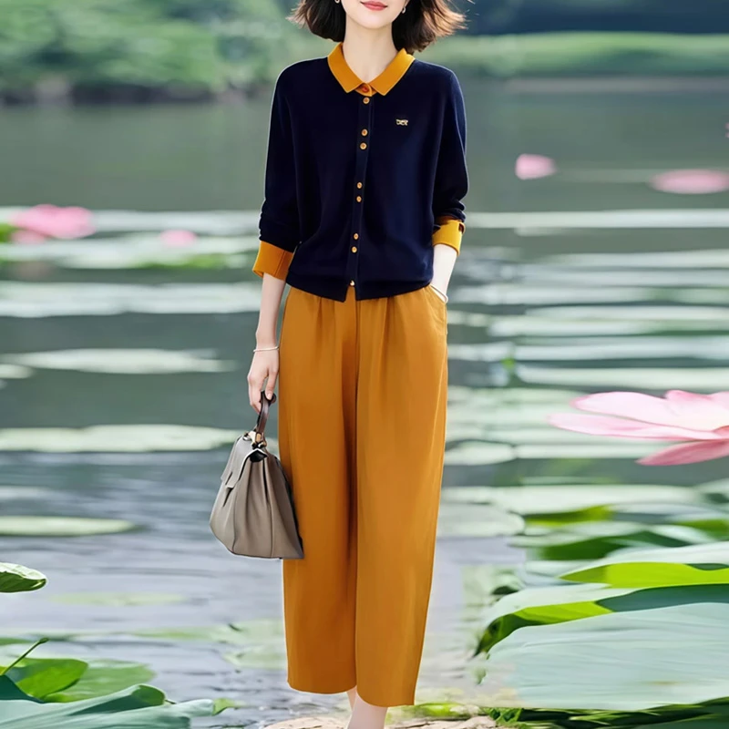 减龄休闲套装女2025秋季新款韩系撞色针织上衣松紧腰九分裤套装女