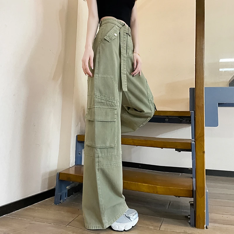 蜜蜜穿搭美式工装裤女2025秋季多口袋酷飒炸街军绿色阔腿牛仔裤女