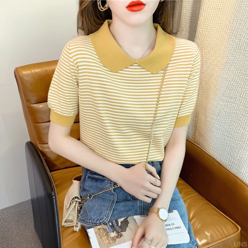 韩系chic小个子撞色条纹娃娃领女2025夏季新款针织衫别致减龄上衣