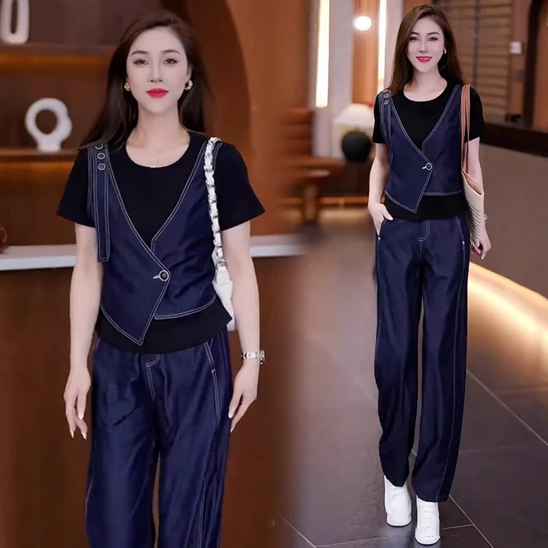 时尚套装女夏季新款洋气显瘦假两件不规则短袖上衣阔腿裤两件套潮