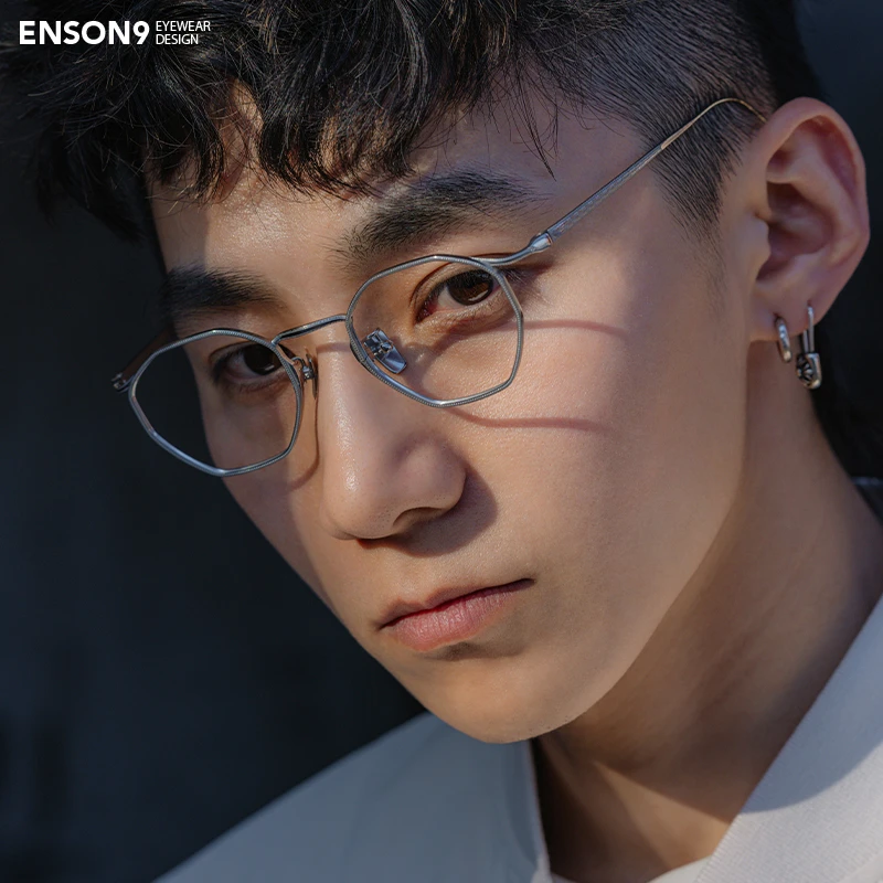 enson9复古细框纯钛多边形眼镜潮男女 超轻立体纹理近视平光镜架