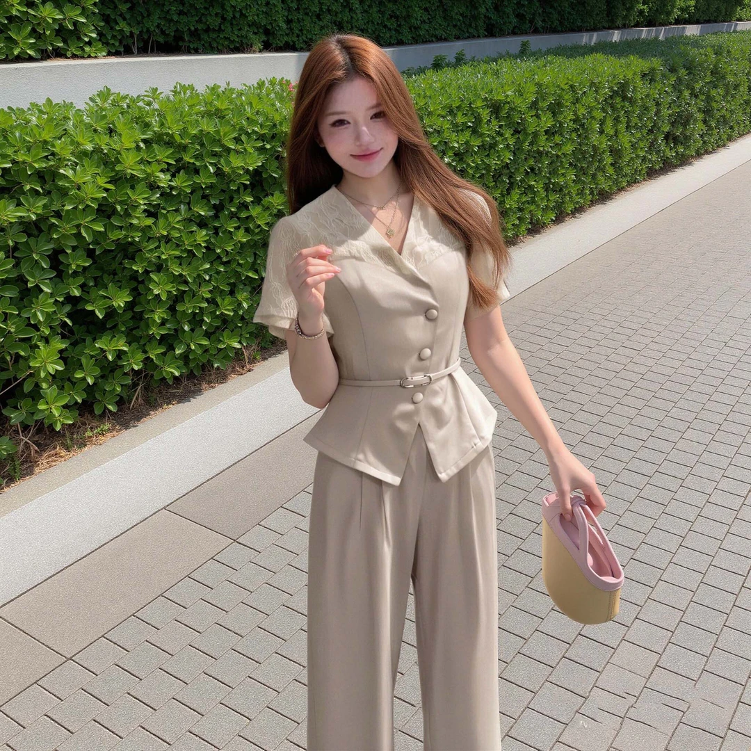 C【两件套】【送腰带】通勤气质时尚风西装夏季名媛衬衫裤子套装D2761