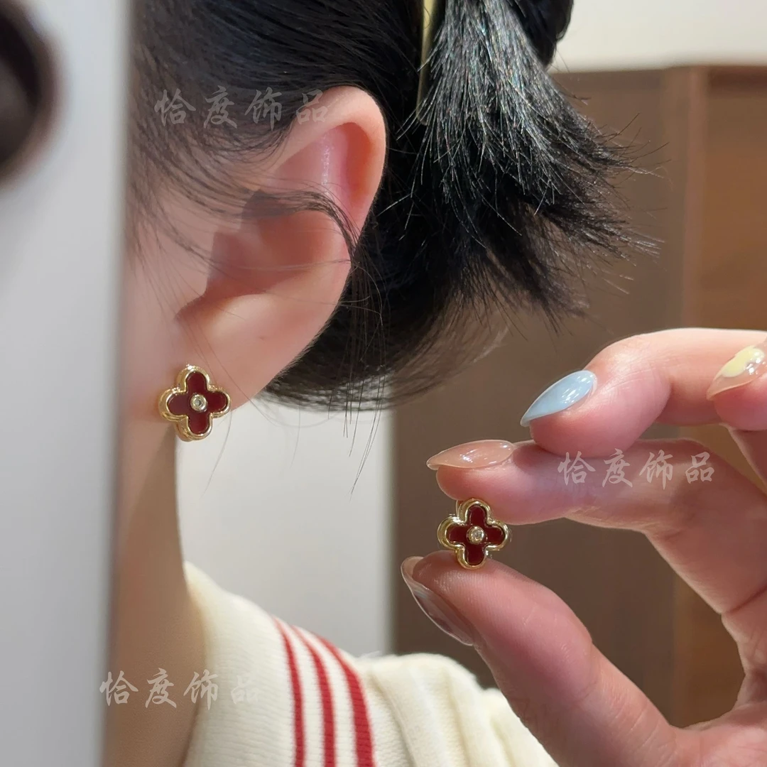 铜合金耳饰 【恰度】秋日新款经典红色四叶花朵耳扣