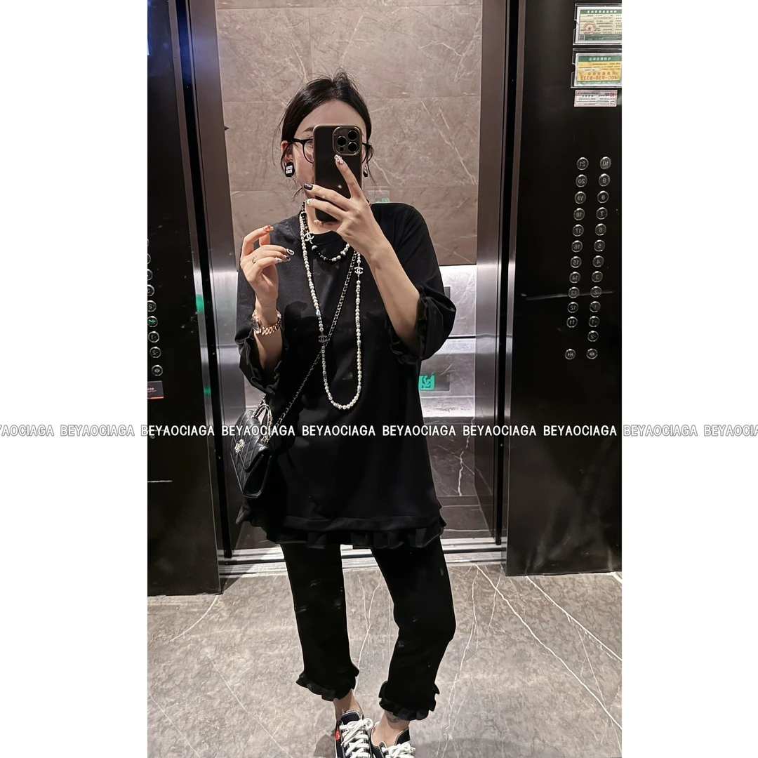 BEYO&CIGA精致感法式花边拼接T恤纯色中袖{福利款6378}