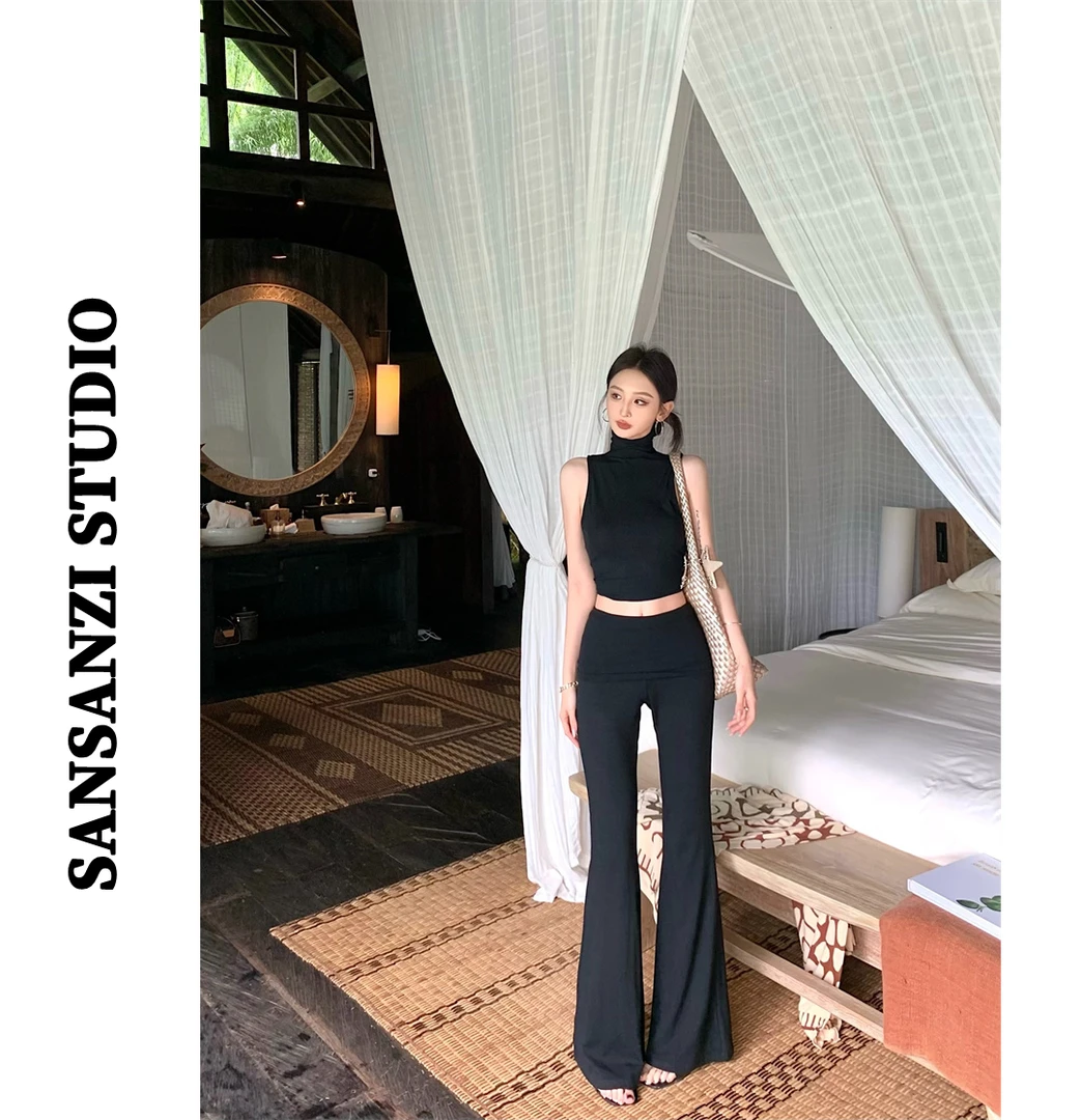 SANSANZI气质辣妹高领无袖背心女夏季显瘦高腰微喇裤休闲裤套装