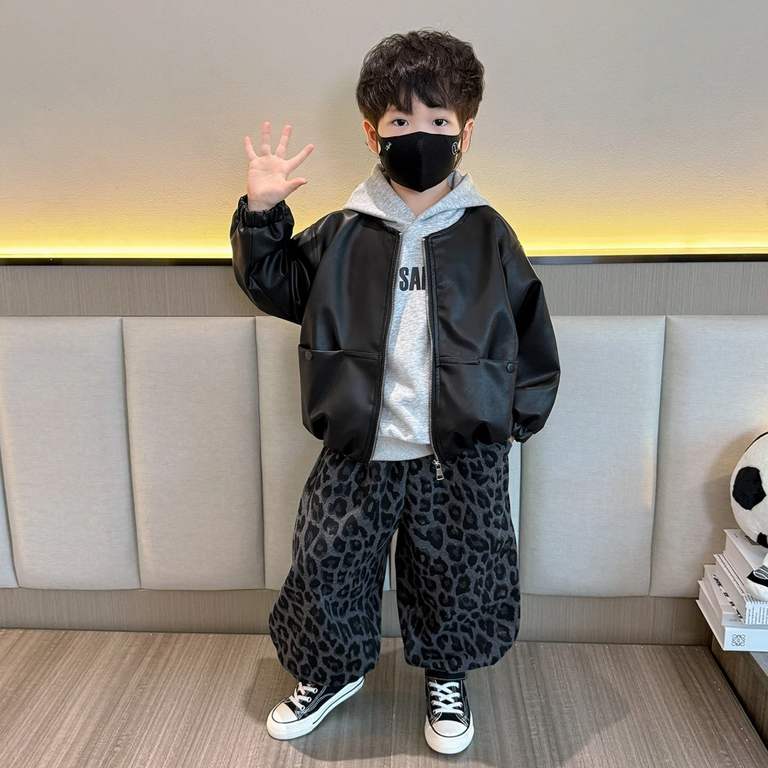 男童套装春秋装2025新款宝宝韩版皮衣外套儿童潮酷痞帅卫衣三件套