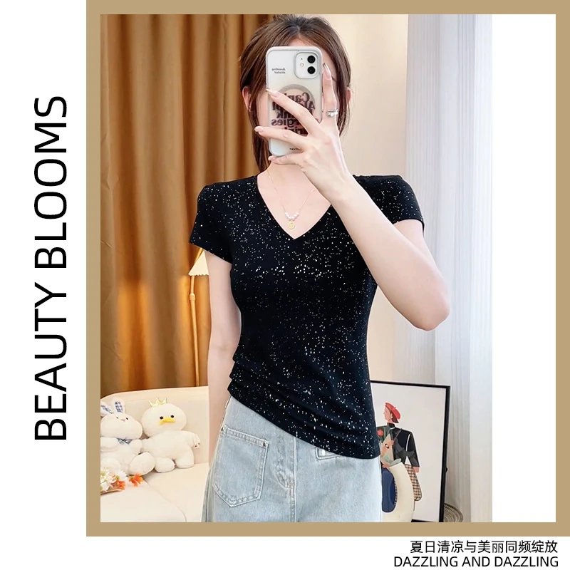 2025春夏新款满天星螺纹v领显瘦短袖t恤女士百搭上衣修身时尚百搭