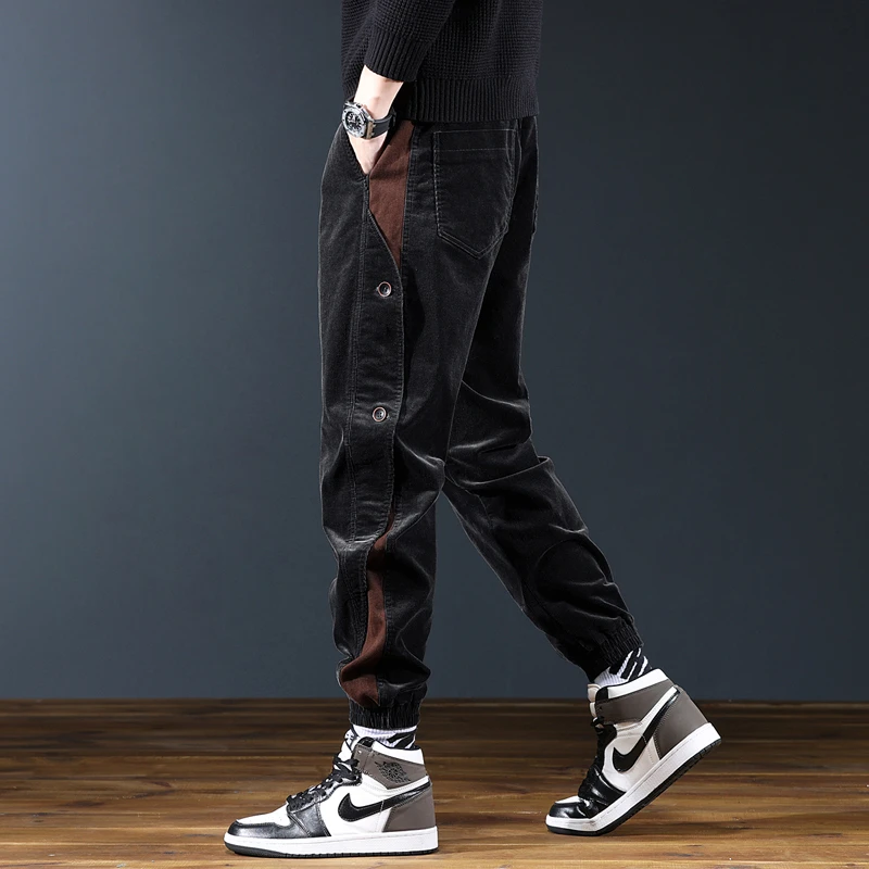 秋冬加绒灯芯绒休闲裤大码拼接百搭男士保暖宽松工装裤加厚长裤男