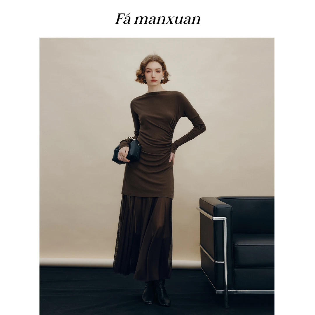 【陈大可专属】法曼萱法式芭蕾舞风长款连衣裙女2025冬网纱裙子