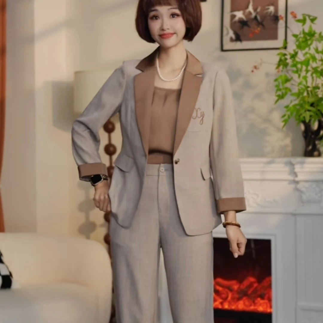 T008春秋时尚气质西装直筒裤三件套套裤AT