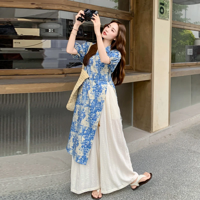 青花瓷晕染印花改良式旗袍裙裤套装2025夏季新款新中式国风两件套