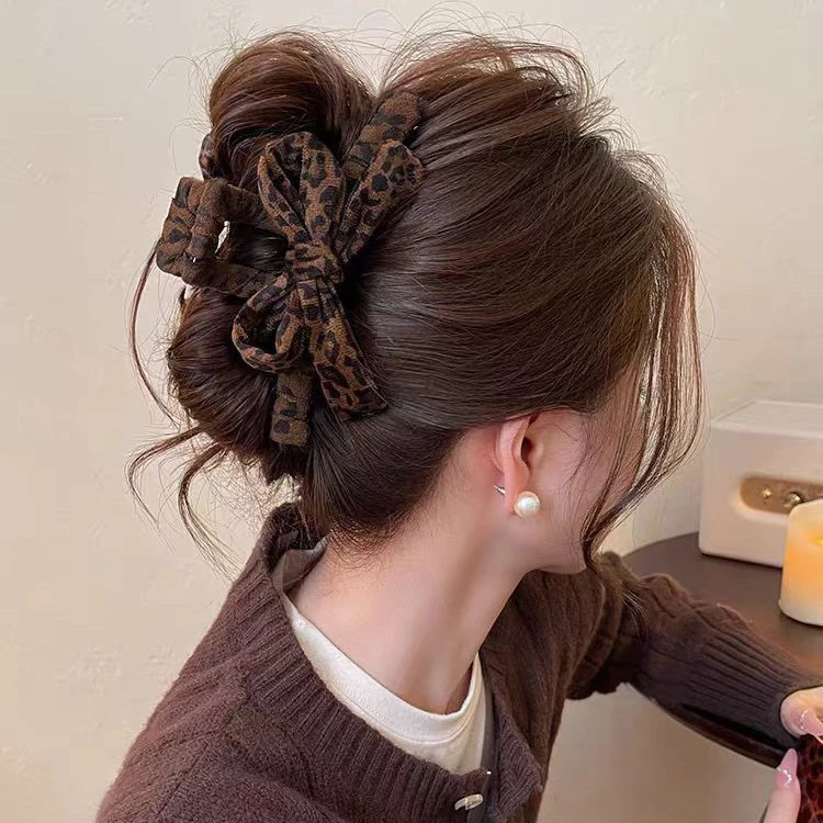 蝴蝶结豹纹抓夹大号鲨鱼夹女千金风发饰甜美复古气质抓夹