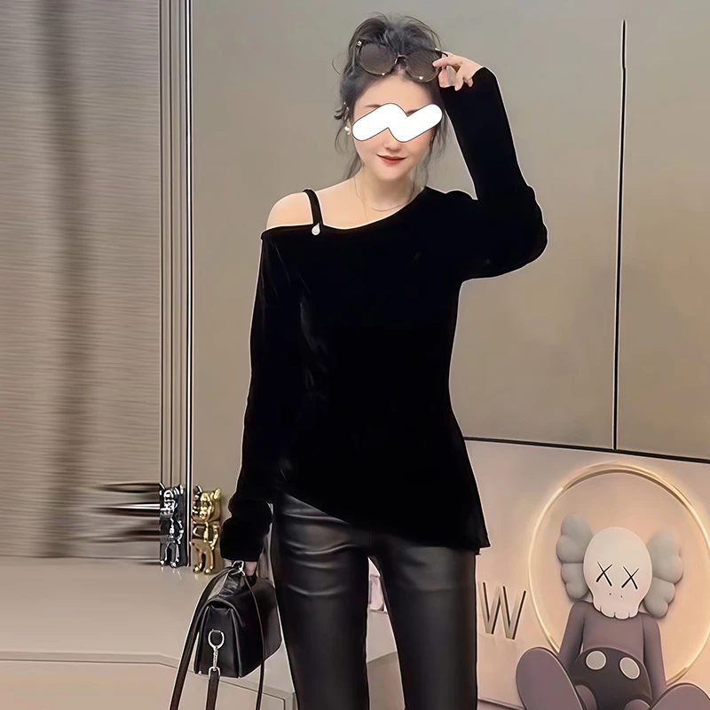 2025秋季新款黑色斜领露肩高级感长袖T恤衫女修身显瘦洋气小上衣