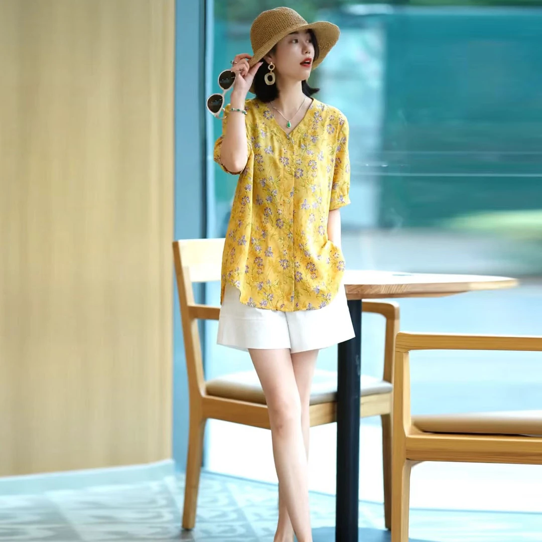 高级感大码印花百搭宽松衬衫夏季新款减龄碎花时尚气质小衫上衣女