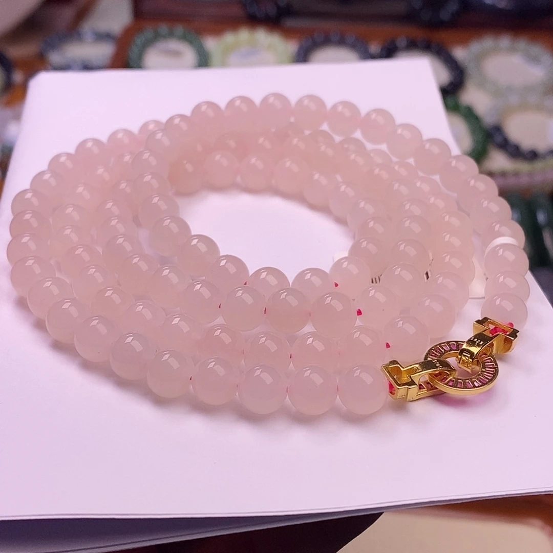 颈饰未镶嵌和田玉老坑料高冰红粉珠链8m