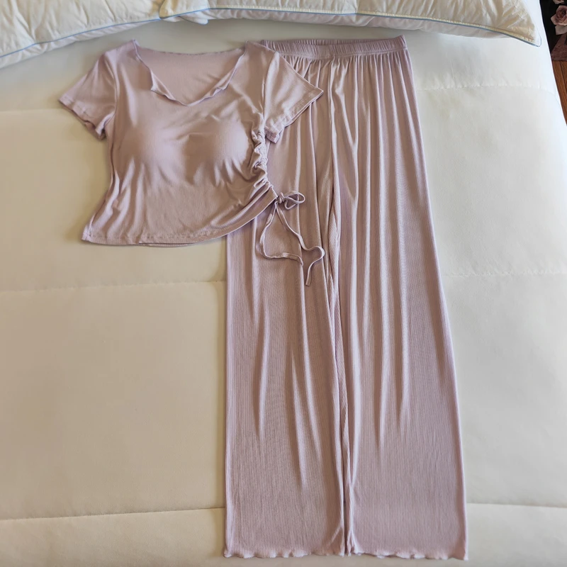 夏季莫代尔睡衣女带胸垫短袖长裤纯欲风甜美性感套装家居服薄款