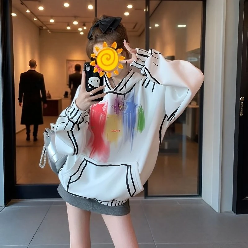 彩色涂鸦印花白色卫衣带帽子百搭秋冬加绒特大码300斤情侣上衣女