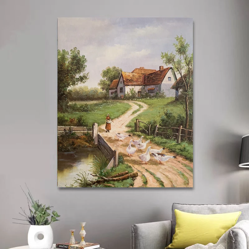 《乡径牧鹅》50*60含内框，刘春建手绘油画装饰画，客厅背景墙挂画