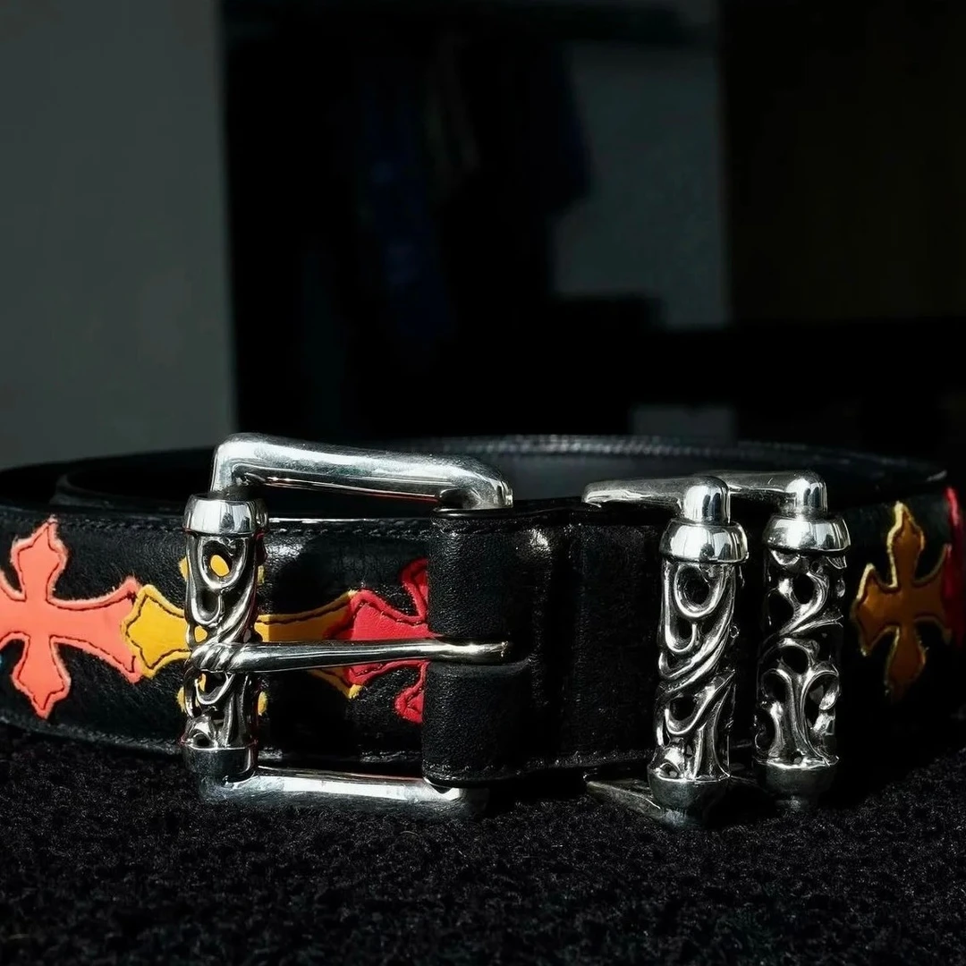 十字架针扣皮带黑色镂空彩色拼皮藤蔓滚轮男女百搭牛仔裤腰带