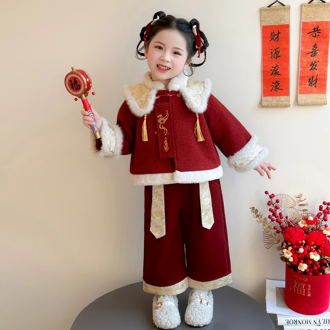 女童汉服国风新中式套装年服儿童女宝宝小童过年拜年服冬款衣服
