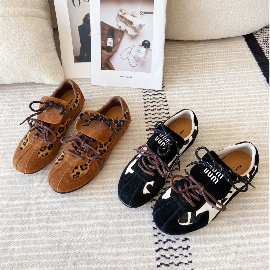 时尚舒适平底豹纹德训鞋真皮牛皮春季新款复古百搭休闲系带女鞋