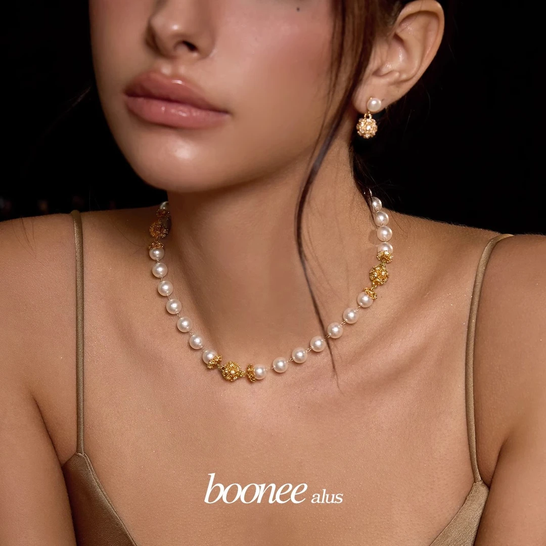 boonee alus 铜合金仿珍珠项链 法式复古宫廷风花丝赫本风项链
