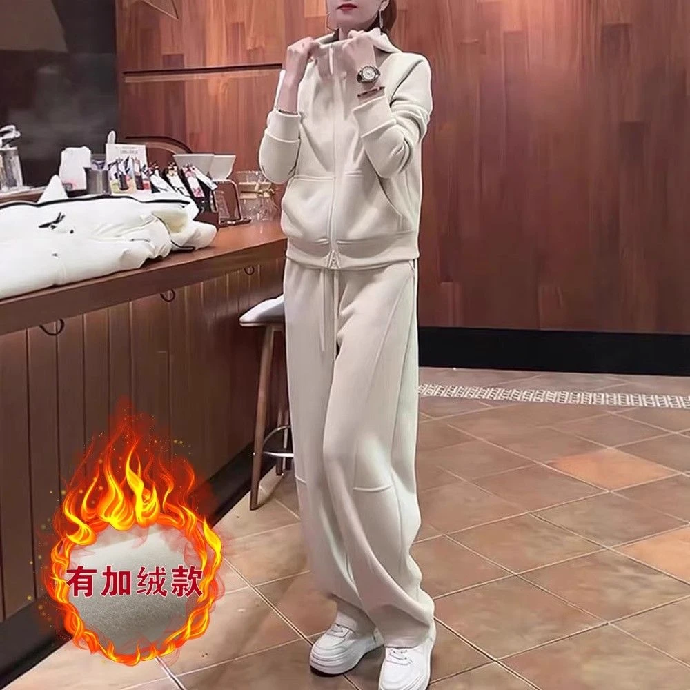 欧货休闲运动套装女春秋2025新款时尚高级感加绒卫衣弯刀裤两件套