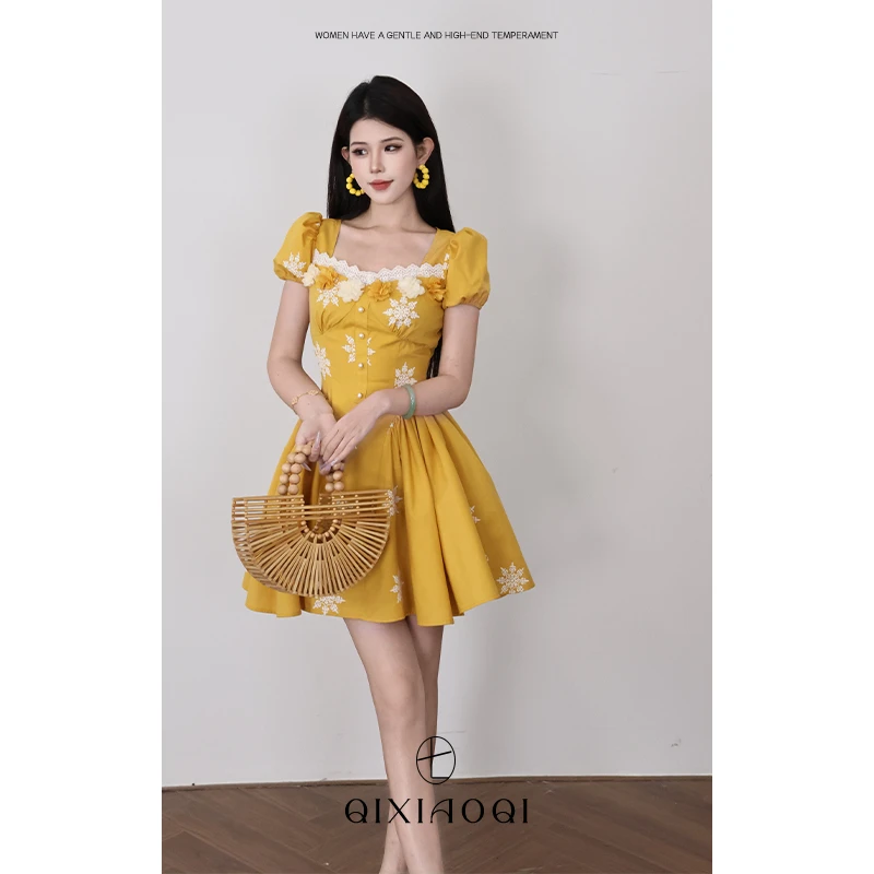 七小七Sicily【盛夏花季】法式气质黄色蕾丝拼接连衣裙收腰显瘦夏季