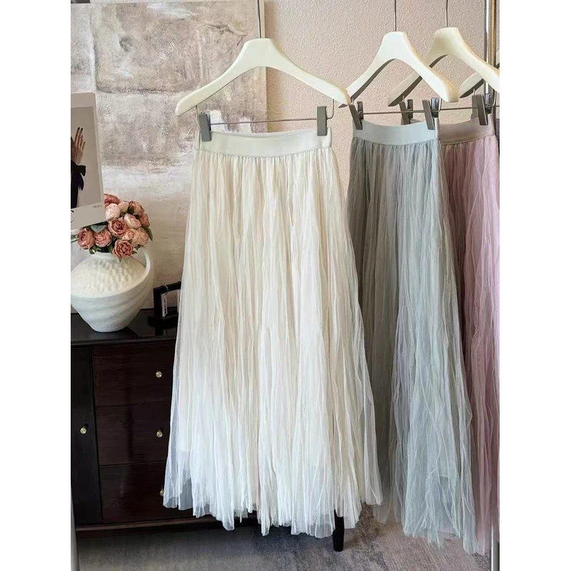 【美美专享】15567夏季设计感小众不规则压褶网纱半身裙女