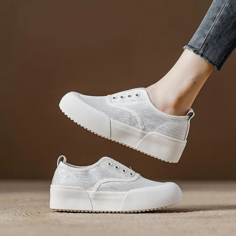 夏季网面懒人一脚蹬女鞋2025新款厚底小白鞋女透气乐福鞋薄款百搭