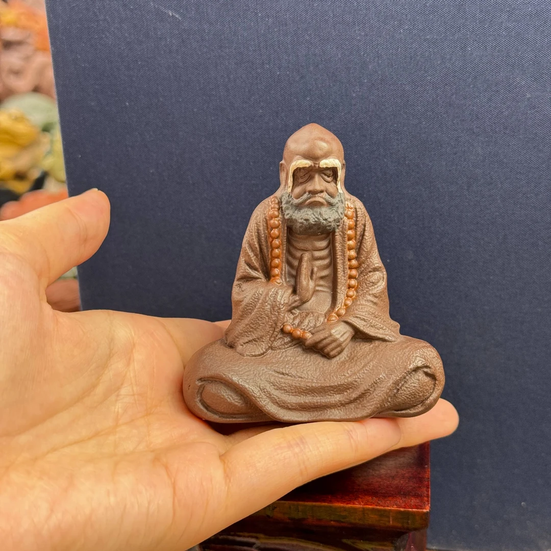 宜兴原矿紫泥悟道达摩罗汉彩绘人物紫砂茶宠手工可养摆件茶玩茶器