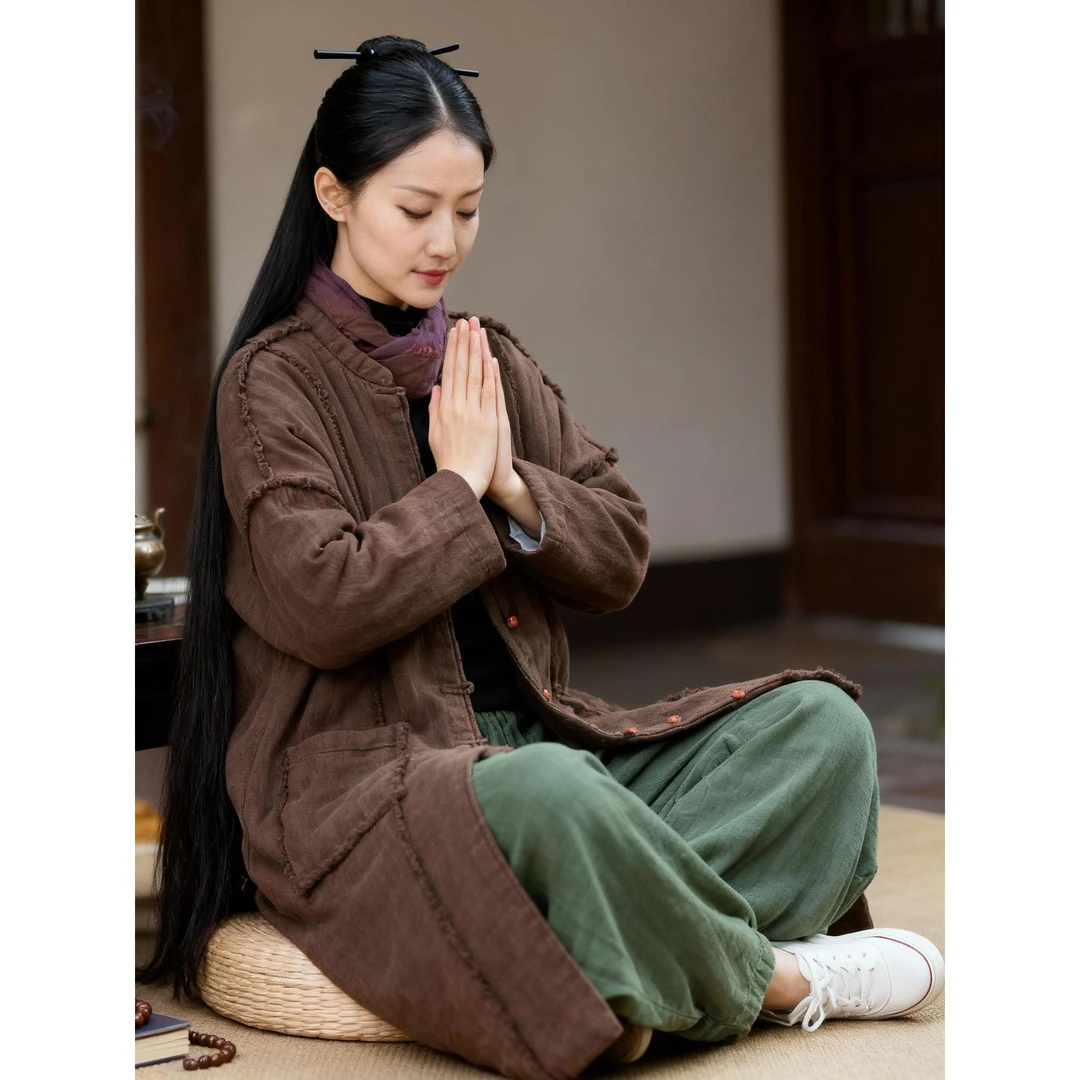女士复古棉服苎麻夹棉禅修居士服中长款素衣禅意佛系冬季保暖外套