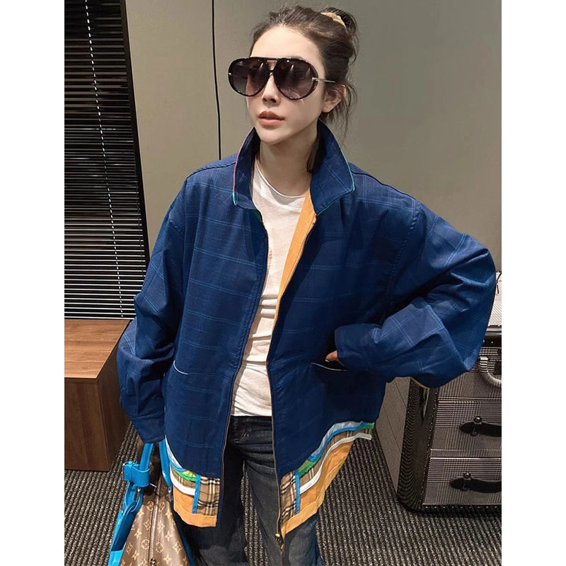 欧洲站2025春季新款小众设计拼接百搭宽松显瘦中长款立领外套女潮