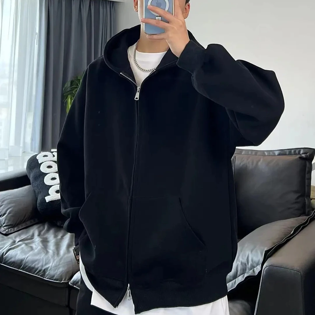 潮牌痞帅连帽开衫男士韩版纯色秋冬春秋款休闲宽松双拉链卫衣外套