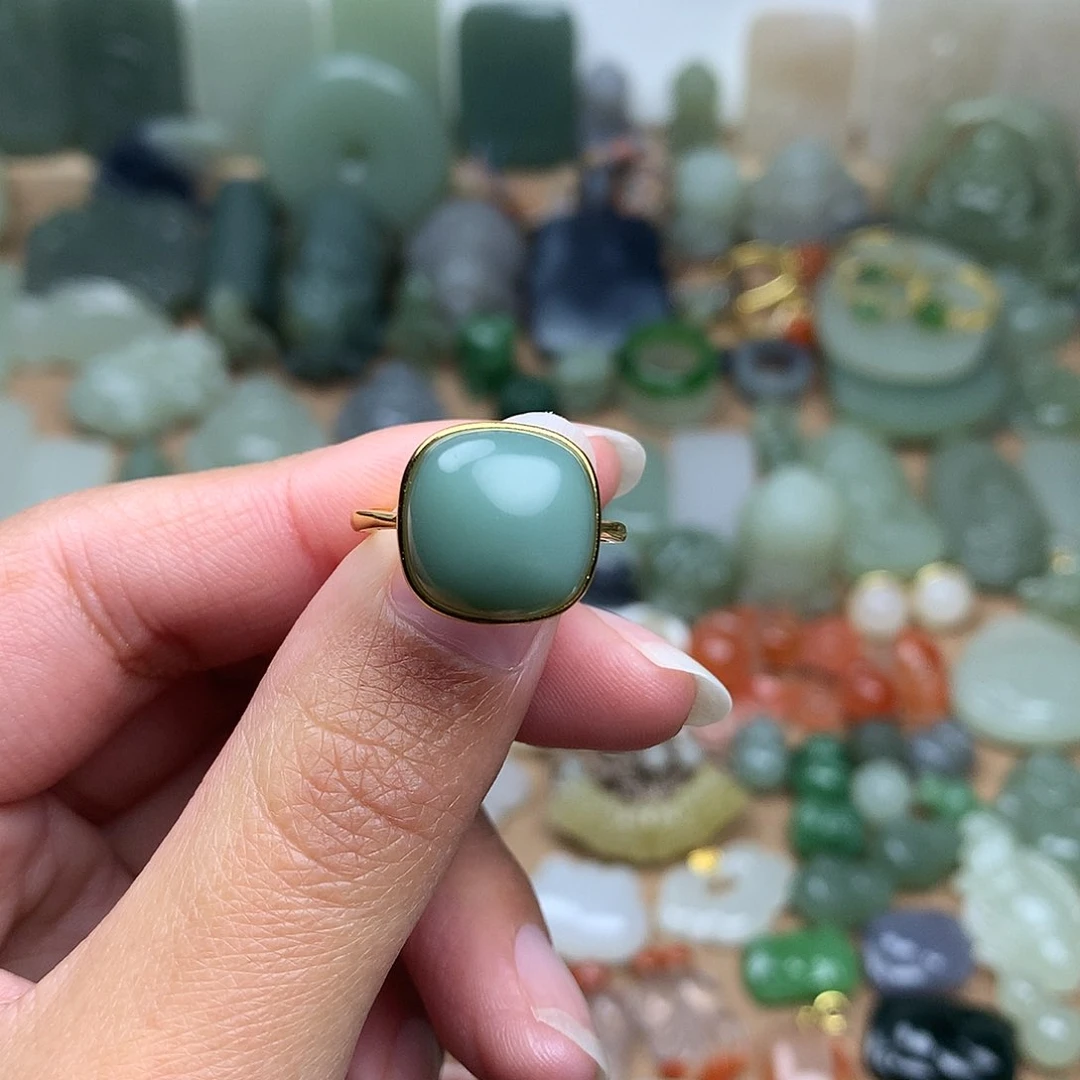 和田玉戒指银S925镀金镶嵌