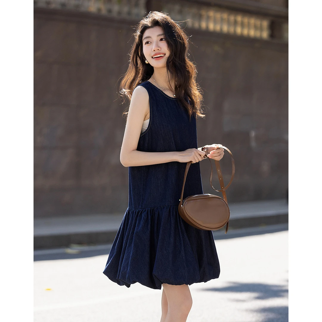 dme德玛纳复古风圆领花苞裙女25夏季新款无袖牛仔连衣裙