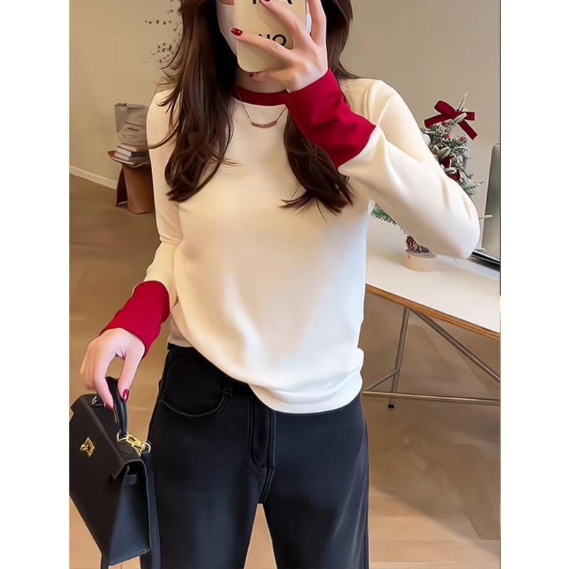 今年流行的打底拼色设计感春秋冬圆领t恤白色内搭修身长袖女上衣