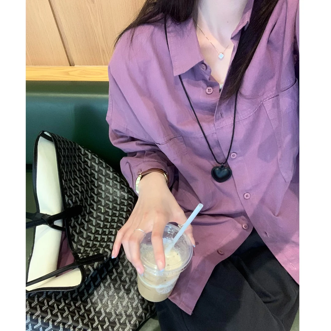 紫色纯棉长袖衬衫女秋装洋气慵懒风宽松休闲时髦气质上衣衬衣外套
