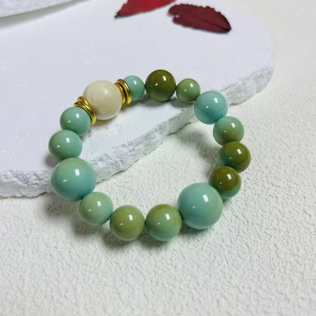 湖北天然原矿绿松石圆珠手链喇叭山的料子瓷度顶颜色正卡11至15+