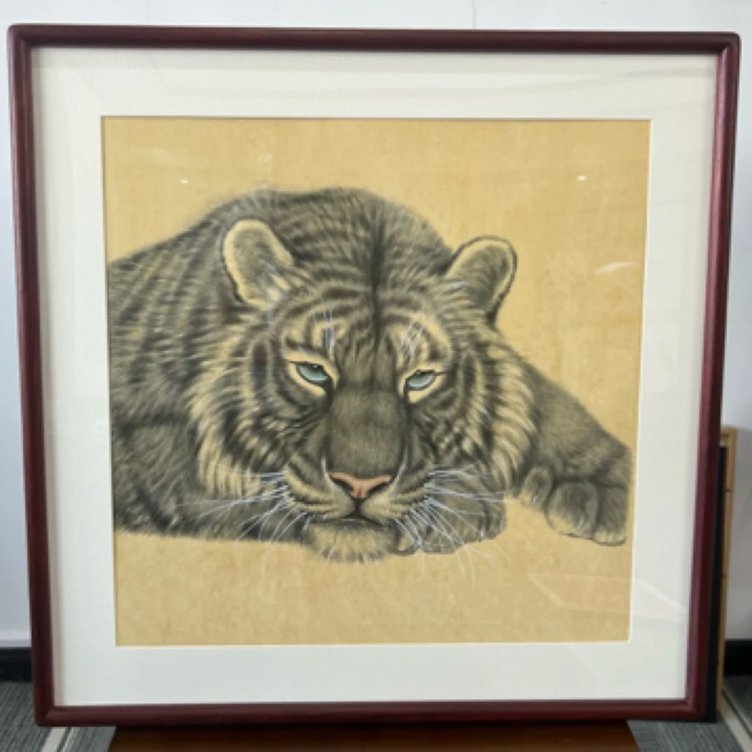 玄坛黑虎 工笔画50*50实木框手绘原稿国画