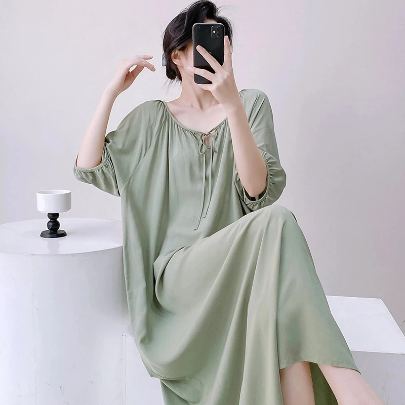 家居服绵绸女短袖薄款睡裙春秋甜美可爱睡衣女人造棉绸夏天连衣裙