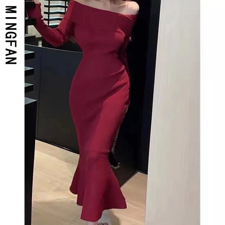 年新款早秋季女装气质红色一字肩鱼尾包臀礼服宴会长款连衣裙新年