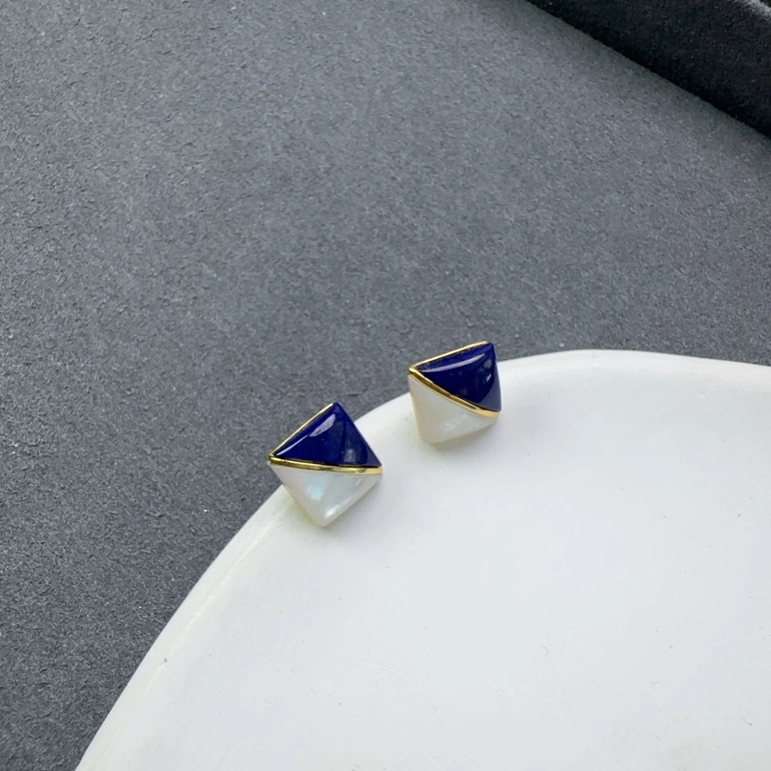 青金石母贝双拼设计款耳钉S925银
